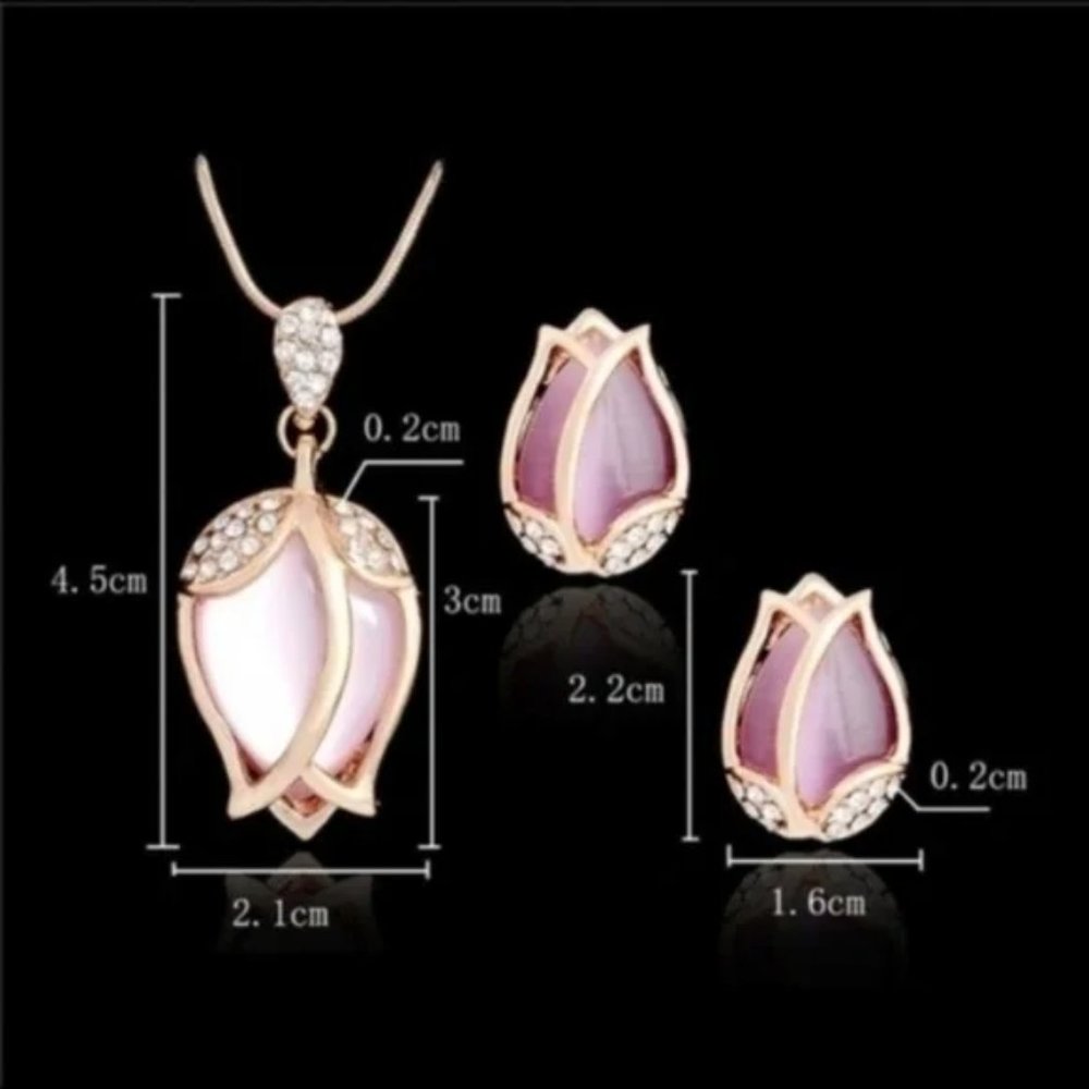 Tulip Flower Opal Rhinestone Necklace & Earrings Set New